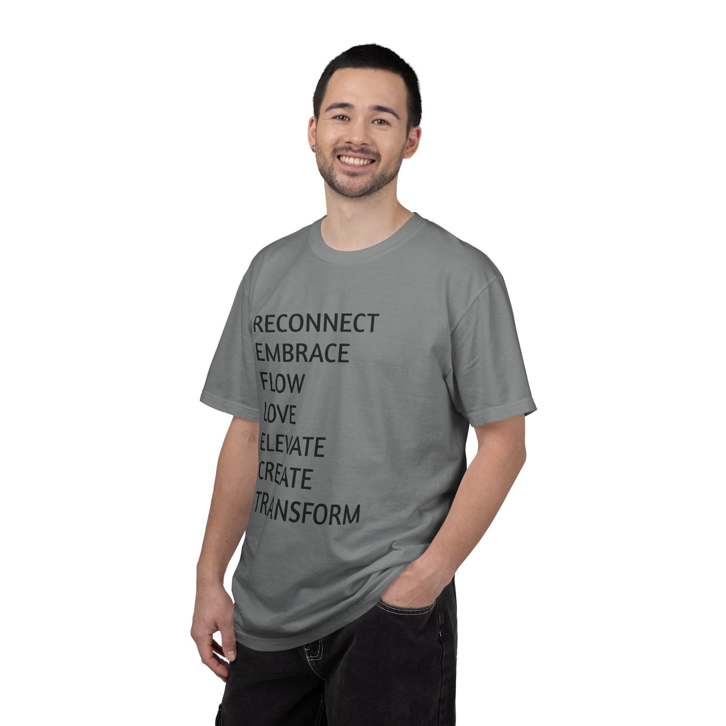 Inspirational Word Stack T-Shirt — Reconnect Embrace Flow Love Elevate Create Transform