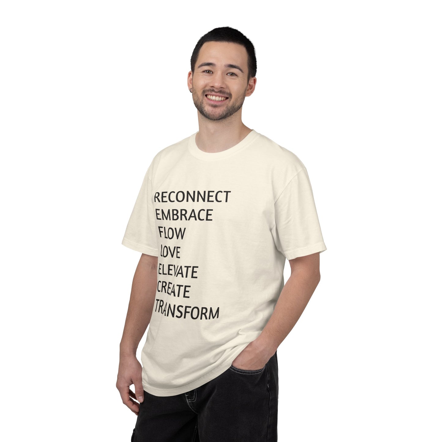 Inspirational Word Stack T-Shirt — Reconnect Embrace Flow Love Elevate Create Transform